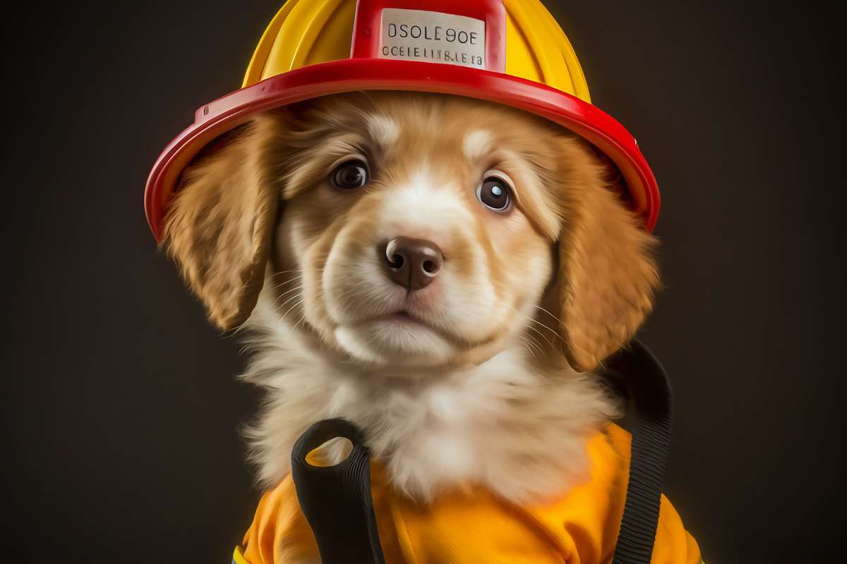cucciolo cane vestito da pompiere