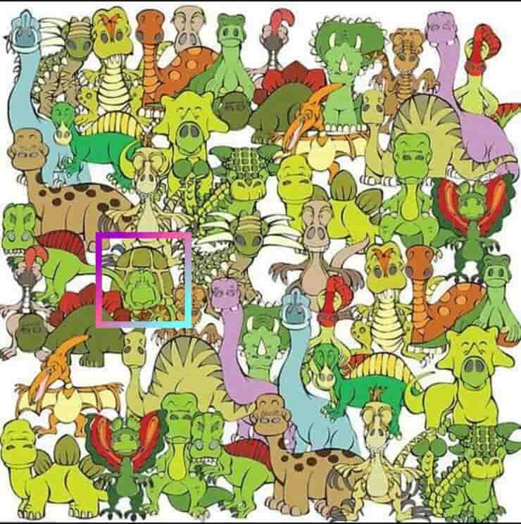 Soluzione del test visivo trova la tartaruga nascosta tra i dinosauri