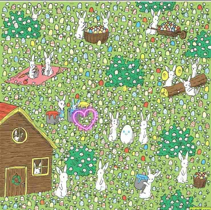 Soluzione Test visivo di Pasqua trova l'unico uovo bianco nascosto tra quelle colorate e i conigli 