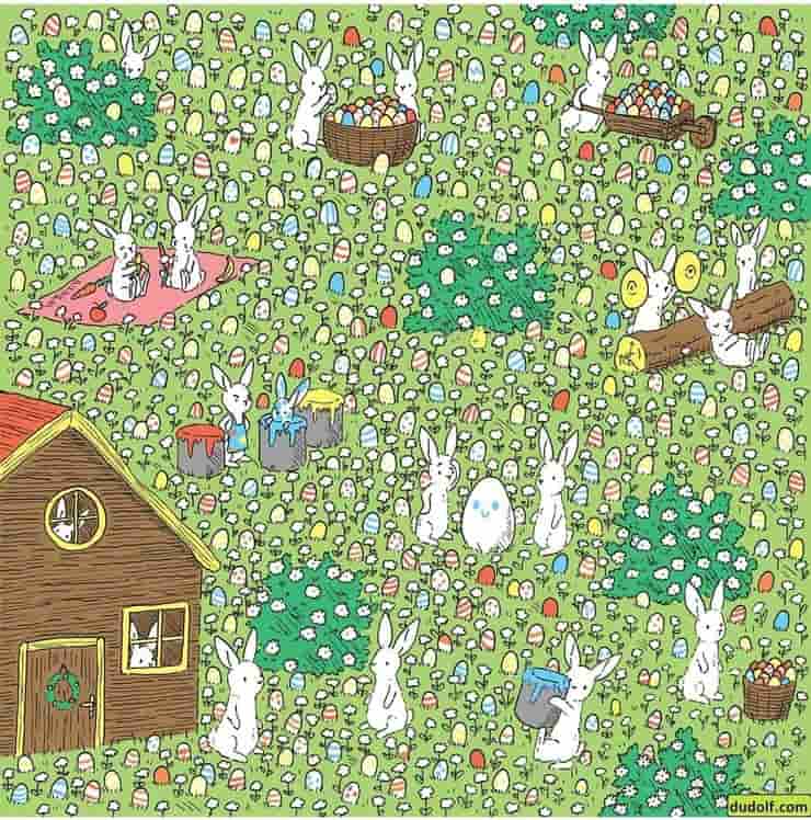 Test visivo di Pasqua trova l'unico uovo bianco nascosto tra quelle colorate e i conigli