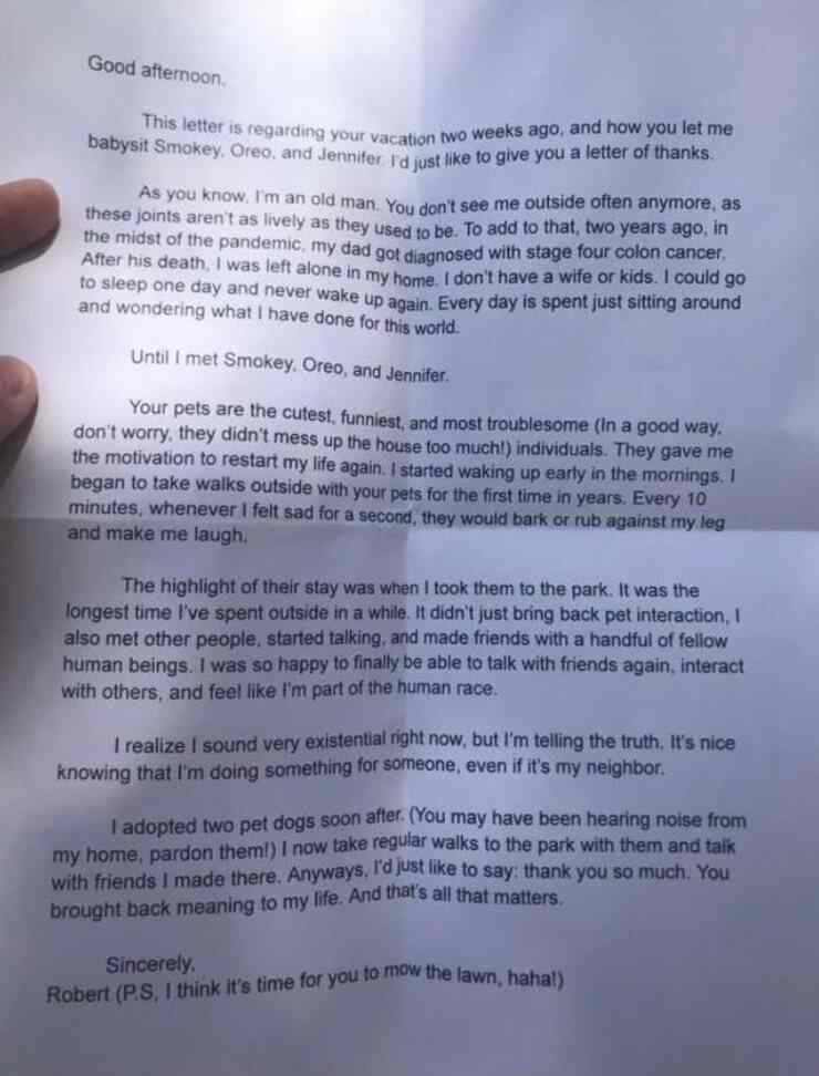 Lettera commovente scritta da Robert (Screen Reddit)
