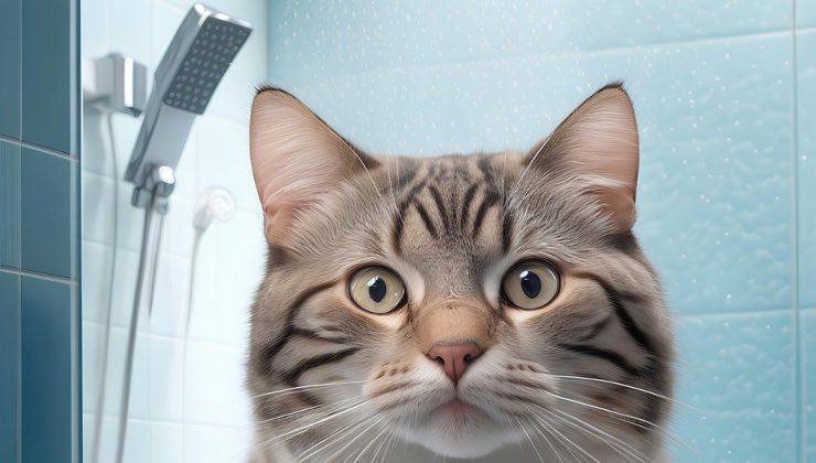 Gatto striato nel box doccia per fare lo shampoo