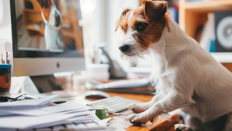 Jack russel terrier alla scrivania di un ufficio