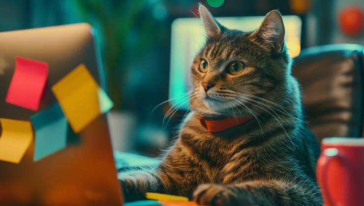 Gatto grigio striato a lavoro in ufficio