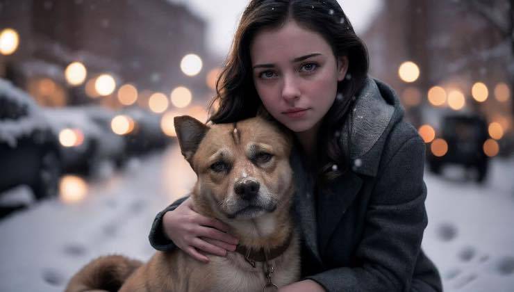 Giovane in lacrime abbraccia il suo animale domestico in inverno