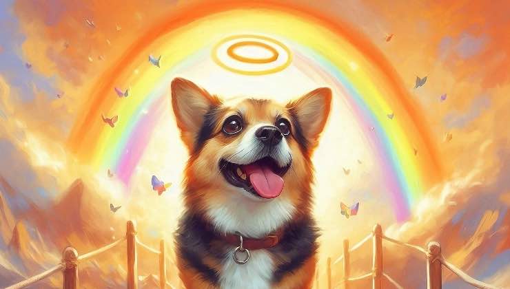 Disegno di un cane di razza Corgi attraversa il Ponte Arcobaleno