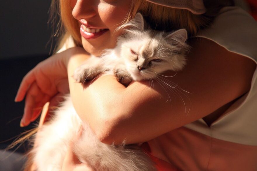 Donna sorridente abbraccia un gatto persiano con gli occhi chiusi