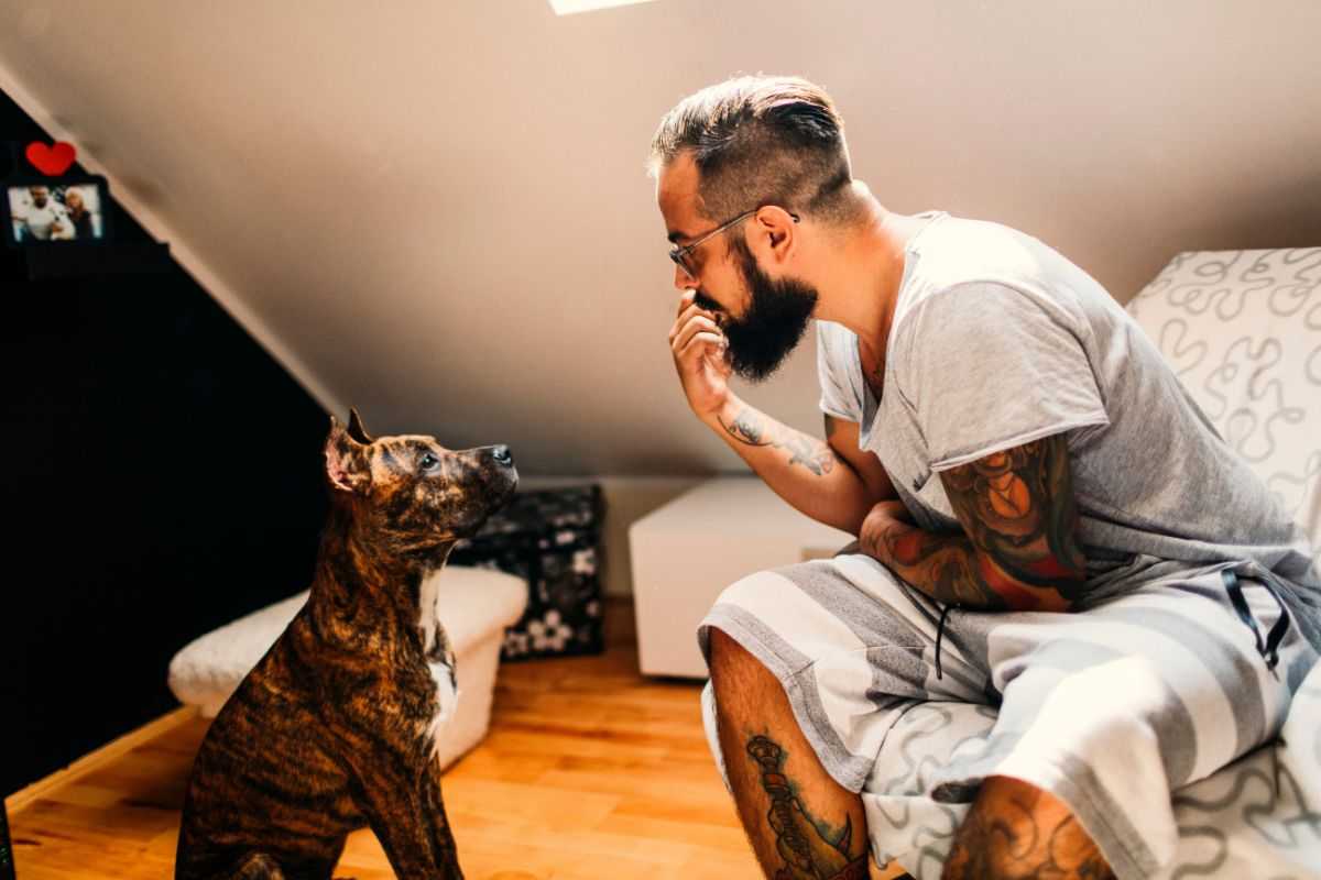 Uomo parla al cane dei suoi problemi