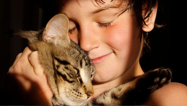 bambino abbraccia il gatto