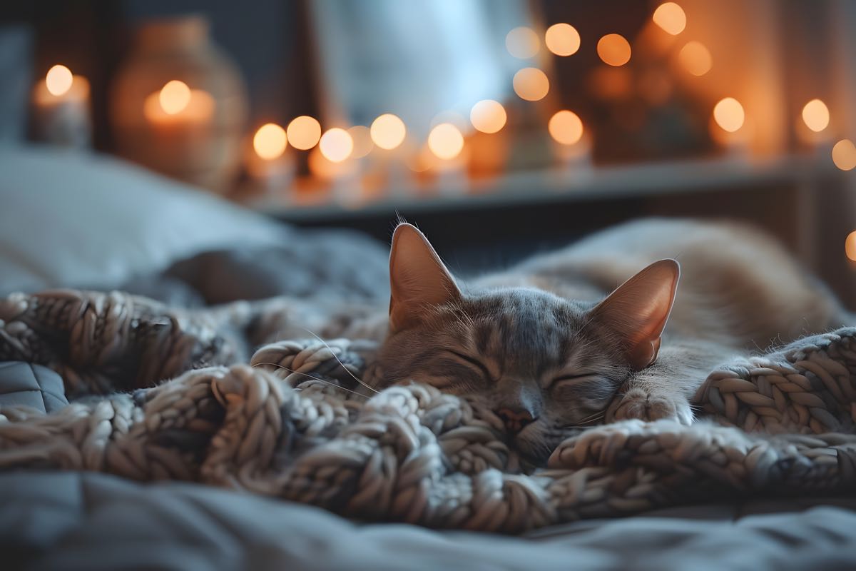 Gatto addormentato sulle coperte della camera da letto