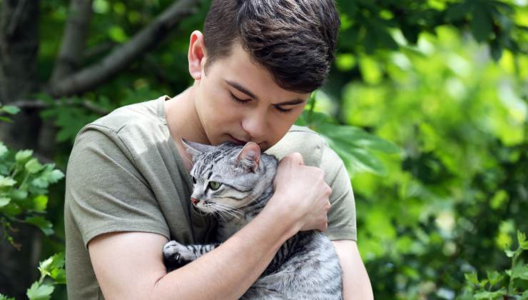 ragazzo abbraccia un gatto tigrato