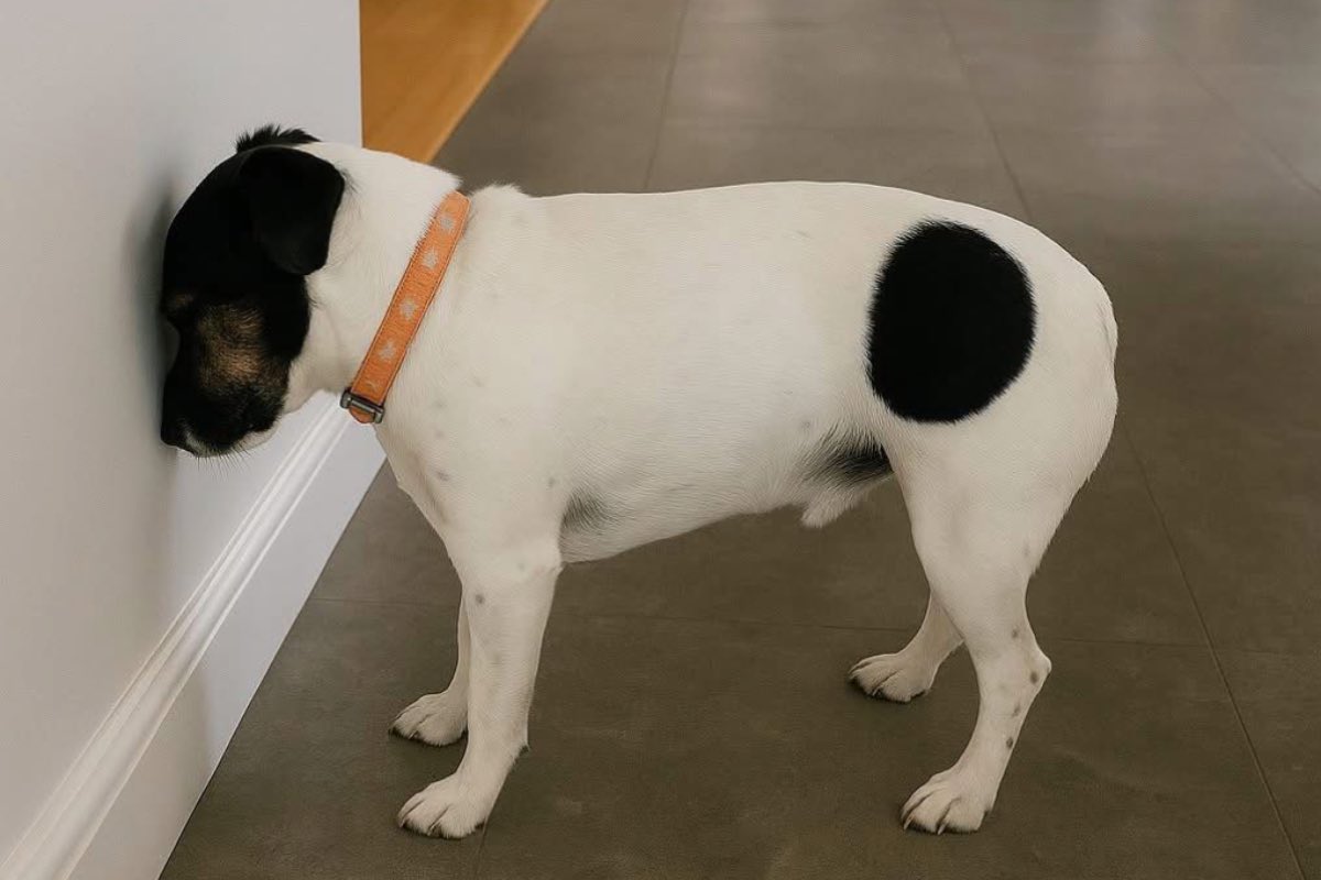 Cane bianco a macchie nere appoggia la testa sul muro
