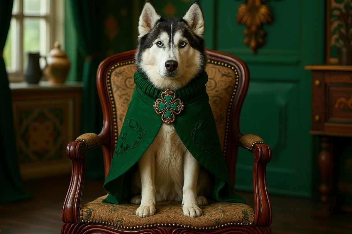 cane husky con mantello su sedia elegante